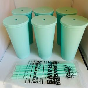 6 pack of Mint Strata Matte 22 oz tumbler with lid and 6 reusable straws
